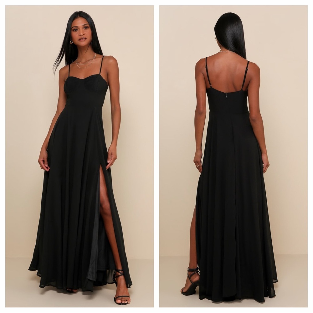 Lulu's Cause for Commotion Black Pleated Bustier Maxi Dress